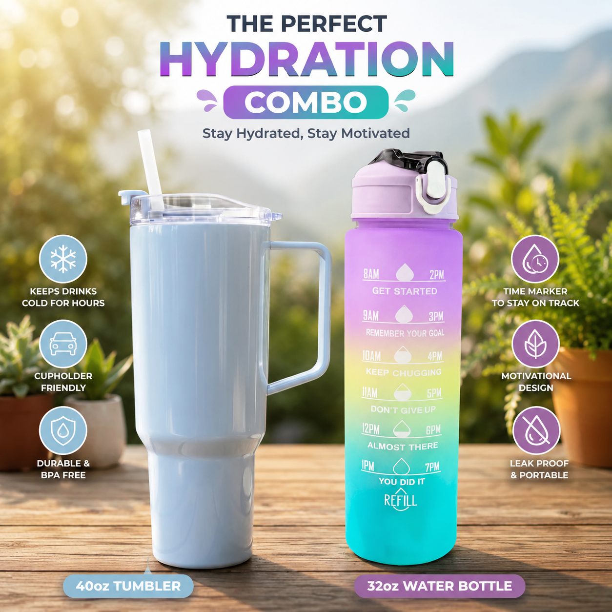2-in-1 Hydration Combo – Motivational Water Bottle with Time Marker & Straw + 1800ml Travel Sipline Tumbler with Handle, Lid & Straw