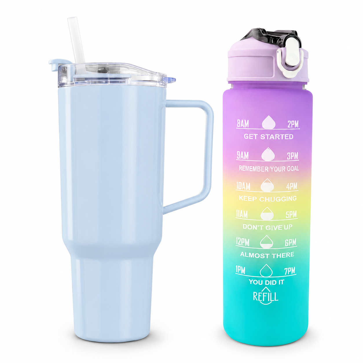 2-in-1 Hydration Combo – Motivational Water Bottle with Time Marker & Straw + 1800ml Travel Sipline Tumbler with Handle, Lid & Straw
