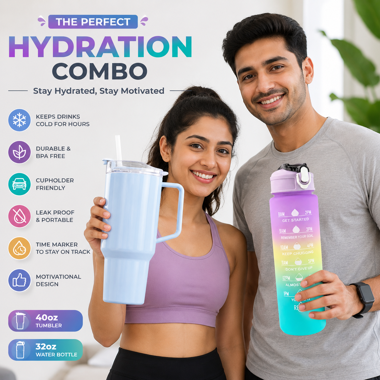 2-in-1 Hydration Combo – Motivational Water Bottle with Time Marker & Straw + 1800ml Travel Sipline Tumbler with Handle, Lid & Straw