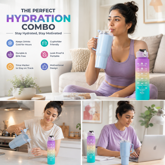 2-in-1 Hydration Combo – Motivational Water Bottle with Time Marker & Straw + 1800ml Travel Sipline Tumbler with Handle, Lid & Straw