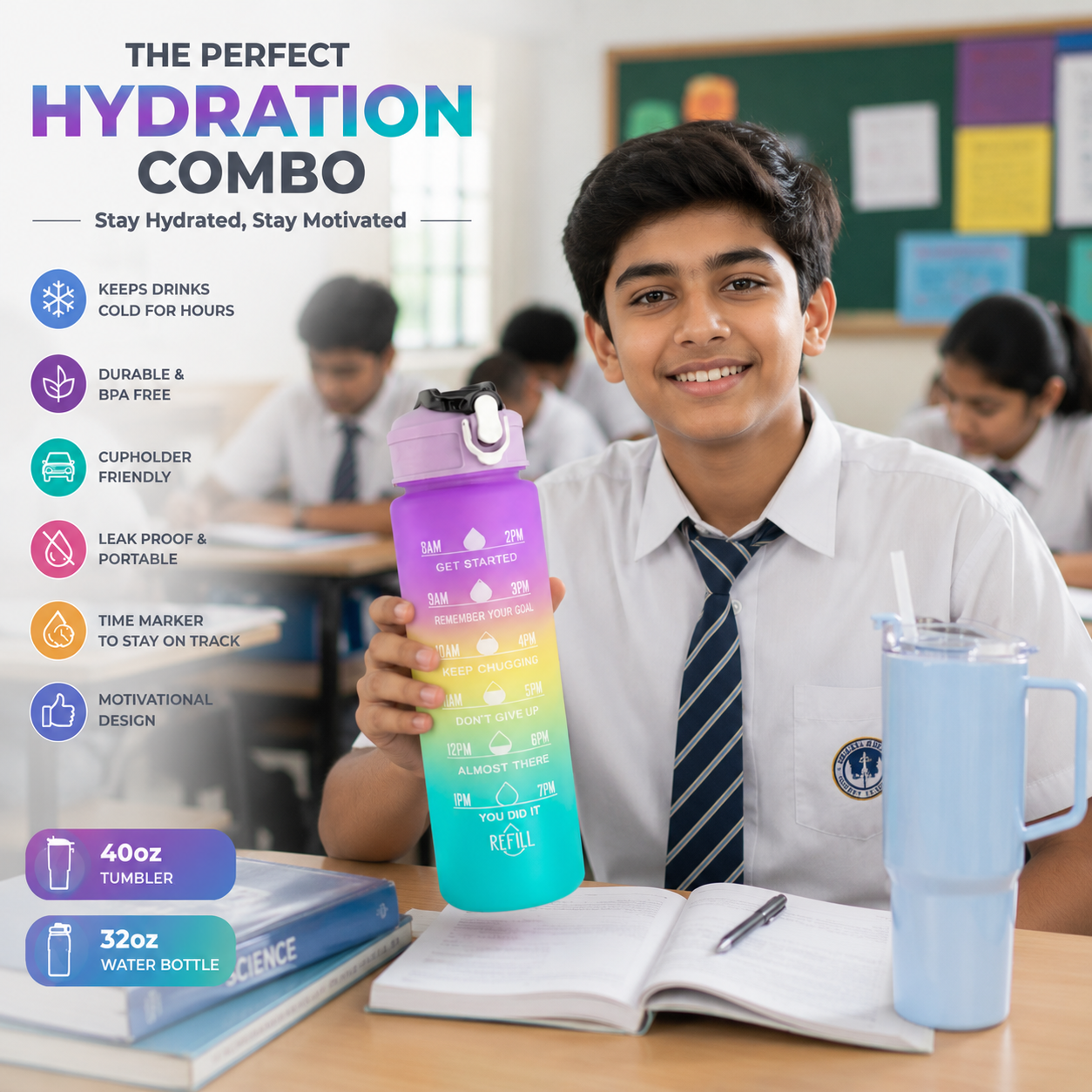 2-in-1 Hydration Combo – Motivational Water Bottle with Time Marker & Straw + 1800ml Travel Sipline Tumbler with Handle, Lid & Straw